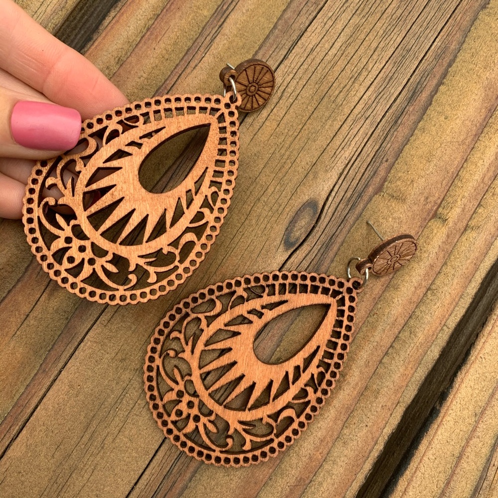 Natural Wooden Teardrop Earrings With Gift Bag - Picture 2 of 8